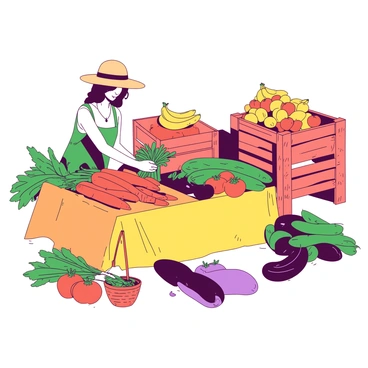 A bustling farmer's market stand with bundles of organic produce