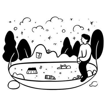 A still pool of water surrounded by lush trees and soft rocks. The surface of the water is perfectly smooth, capturing reflections of various dreamlike elements such as floating clouds, glowing stars, and swirling mists. A person is seated at the edge of the pool, gazing intently into the water. The reflections reveal fragmented images of dreams and memories, such as a child's toy, an open book, and distant landscapes. Soft ripples disturb the water as a gentle breeze passes through the scene.