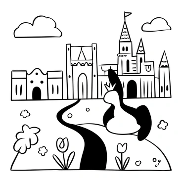 A hare with a tiny crown perched on its head is sitting on a patch of grass. The hare is surrounded by colorful flowers. In the background, a majestic castle stands tall with numerous towers and spires, its walls adorned with intricate patterns. The sky above is filled with fluffy clouds. A winding path leads from the castle towards the foreground where the hare is positioned.