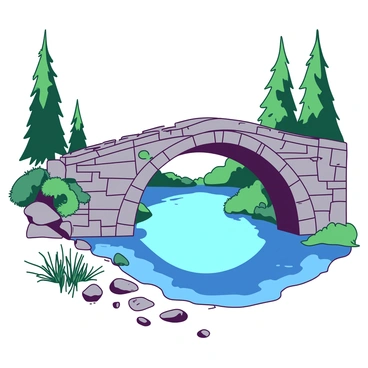 An ancient stone bridge arches gracefully over a narrow section of a tranquil lake. The bridge is made of weathered gray stones, showing signs of age and moss growth along its surface. Beneath the bridge, the clear blue water of the lake reflects the surrounding greenery and the sky above. In the foreground, there are smooth pebbles lining the lake's edge, while a few small reeds sway gently in the breeze. The scene is framed by tall trees that rise on either side of the bridge, creating a natural gateway that highlights the beauty of this historic structure.