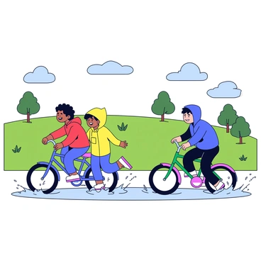 A group of three kids riding their bikes through a park. One child is wearing a red raincoat, another is in a yellow rain jacket, and the third is wearing a blue rain poncho. Each bike is a different color: blue, green, and pink. They are riding over puddles, creating splashes of water that rise up around them. The park features green grass, a few scattered trees, and gray clouds overhead. One child is smiling widely, while another is focused on pedaling fast.