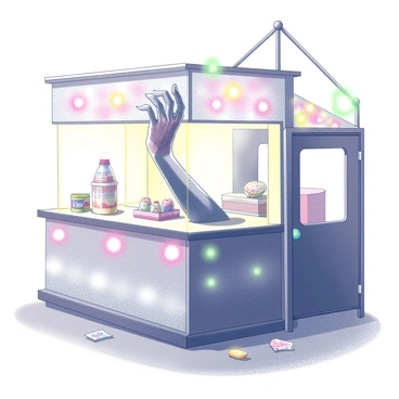 A zombie hand is emerging from the edge of a carnival game booth. The hand has decaying skin and elongated fingers, grasping upward as if reaching for something. In the background, bright and colorful lights illuminate the scene, creating a festive yet eerie atmosphere. The booth features various game props and prizes, while the ground beneath is scattered with ticket stubs and remnants of carnival treats. The overall setting conveys a juxtaposition of fun and horror.