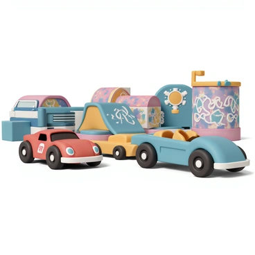 A collection of colorful toy cars, including a red sports car, a blue pickup truck, and a yellow convertible, are speeding around a vibrant urban skate park. The skate park features ramps and obstacles, with a variety of graffiti art decorating the walls in the background. Bright colors and intricate designs of the graffiti depict urban street art. The toy cars are positioned at different angles, showcasing their wheels in motion as they race against each other. The scene captures the excitement of the toy car race in an energetic and dynamic setting.