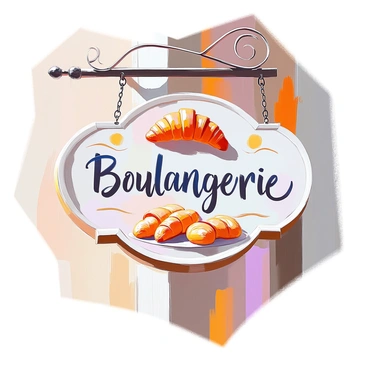 A quaint bakery sign hangs from a rustic wooden frame, with "Boulangerie" elegantly displayed in a charming, handwritten illustration font. The sign is adorned with delicate flourishes and small images of freshly baked baguettes and pastries. The background features a soft, pastel color, enhancing the inviting atmosphere. Above the text, there is a small illustration of a traditional French croissant, adding to the bakery's allure. The edges of the sign have a slightly weathered appearance, suggesting a long history of service in the heart of a French village.