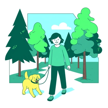 A teal person with short hair is walking a yellow dog on a leash in a park. The person's face displays a joyful expression as they stroll along a paved path. Surrounding them are tall green trees with lush foliage, casting dappled shadows on the ground. The sky above is bright and clear, enhancing the vibrant atmosphere of the scene. The dog is playfully wagging its tail, matching the person's cheerful demeanor.