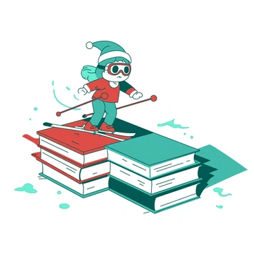 A teal elf on the shelf is skiing down a slope made of stacked white books. The elf is wearing a red and white ski outfit with matching ski goggles. The books are arranged in a way that creates a gradual incline, and the elf is holding a pair of red ski poles. Snowflakes are gently falling around the scene, adding to the wintry atmosphere. The elf's facial expression shows concentration as it navigates the unique slope of books.