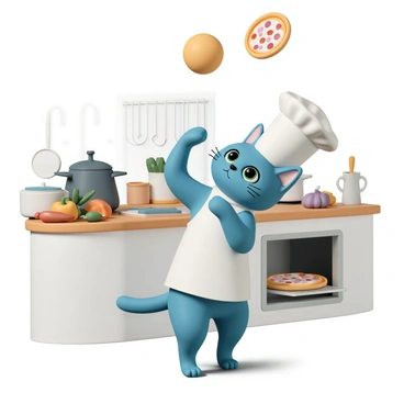 A cartoon cat, with bright blue fur and large, expressive green eyes, is wearing a tall white chef's hat and an apron. It is standing on its hind legs, skillfully tossing a round piece of pizza dough high into the air with its paws. The kitchen is busy, filled with various cooking utensils, pots, and a large wooden countertop. In the background, a large oven is visible, with a tray of baked pizzas cooling next to it. There are colorful vegetables and ingredients scattered around the workspace, highlighting the lively atmosphere of the kitchen. The cat has a focused expression as it prepares to catch the dough.