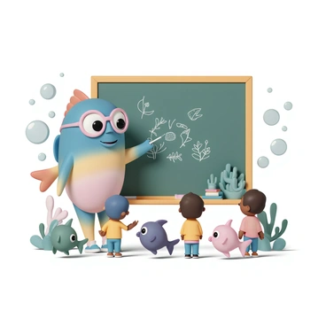 A cartoon fish teacher with large glasses, a big smile, and colorful scales is standing in front of a green blackboard. The teacher is pointing to a diagram of underwater plants and sea creatures, using a pointer. In front of the teacher, there are several young fish students of various colors and sizes, all looking attentively at the board. The classroom is filled with bubbles and coral decorations, creating an engaging learning environment.