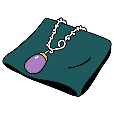 A piece of jewelry with a shiny silver chain, featuring a detailed plum-shaped charm hanging from it. The charm is glossy with a rich purple color and subtle gradients. The jewelry is elegantly arranged on a soft, dark green velvet cloth, which enhances its visual appeal and creates a luxurious backdrop. The cloth is folded neatly, providing a smooth surface for the jewelry to rest on.