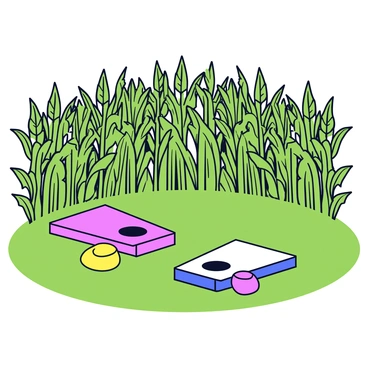 A cornhole game set up with two colorful boards on a grassy area. Each board has a hole at the center, and a few beanbags are placed nearby. Surrounding the game are towering green corn stalks reaching high above. The corn stalks are densely packed, creating a maze-like effect around the game area. The sunlight filters through the leaves, casting dappled shadows on the ground.