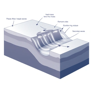 A cross-section of the Earth showing a subduction zone where one tectonic plate is descending beneath another. Seismic waves are depicted as curved lines radiating outward from the epicenter of an earthquake. The ground is illustrated with various geological layers, including sediment, igneous rock, and a fault line. The waves vary in amplitude and frequency, indicating different types of seismic energy. There are arrows demonstrating the direction of wave propagation, with labels for primary and secondary waves clearly marked.