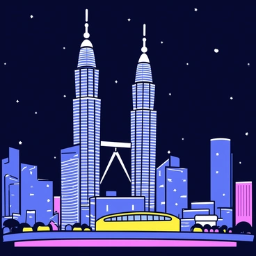 A night view of the Petronas Towers illuminated with bright, sparkling lights. The towers stand tall, showcasing their unique modern architecture with sleek lines and reflective surfaces. The skyline of Kuala Lumpur is visible in the background, featuring various buildings of different shapes and heights, all under a dark night sky sprinkled with stars. The scene is vibrant and dynamic, with the glow from the towers casting a warm light on nearby surroundings.