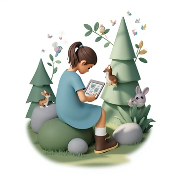 A young girl, wearing a blue dress and brown boots, sits on a large moss-covered rock in a vibrant green forest. She has long brown hair tied in a ponytail and is focused intently on her tablet. Surrounding her are various woodland creatures, including a curious deer peering from behind a tree, a playful squirrel perched on a branch, and a group of colorful birds fluttering above her. Sunlight filters through the leaves, casting dappled shadows around her as she draws enchanting illustrations of these creatures on her screen.