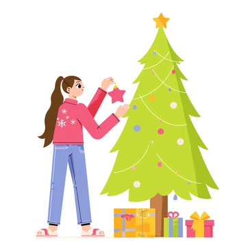 A young girl with long brown hair tied in a ponytail is standing beside a lush green Christmas tree. She is wearing a red sweater with white snowflakes and jeans. The tree is adorned with colorful twinkling lights that illuminate the room. The girl is placing a shiny red ornament shaped like a star on a branch of the tree. There are various other ornaments in gold, silver, and green hanging from the branches. The floor is scattered with bits of colorful wrapping paper and a few gift boxes are positioned at the base of the tree.