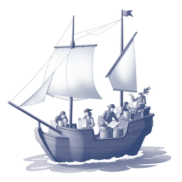 A pirate ship sailing on the open sea. The ship has tall masts with fluttering sails. On the deck, a diverse crew of pirates is gathered. Some crew members are sitting on barrels or leaning against the ship's railing, intently examining old, worn treasure maps. Others are animatedly discussing their next adventure while holding tattered books filled with stories of quests and discoveries. The atmosphere is lively, with a parrot perched on the shoulder of one pirate, observing the scene with curiosity. The sky is clear, and the waves are gently lapping against the hull of the ship.