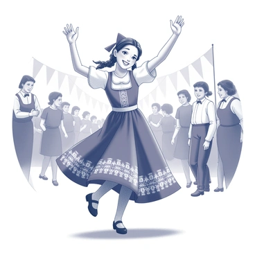 A young girl from France is dancing at a cultural festival. She is wearing traditional attire that features a beautifully embroidered bodice and a full skirt adorned with intricate patterns. Her hair is styled with decorative braids and ribbons that match her outfit. The girl is caught mid-movement, with her arms raised gracefully and a joyful expression on her face. Surrounding her is a lively crowd, with festival decorations such as banners and streamers in the background. The scene captures the energy and spirit of the celebration.