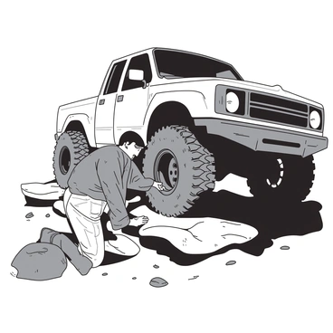 A potential buyer is kneeling on a rocky surface to inspect the tire of a rugged off-road truck. The truck has large, aggressive tires designed for various terrains, with mud splatter on the sidewalls. The buyer is wearing practical outdoor clothing, including cargo pants and a sturdy jacket, and is focused on examining the treads for wear. Sunlight is casting shadows on the ground, highlighting the features of both the truck and the terrain. The buyer's hand is resting on the tire, showing a direct interaction with the vehicle.