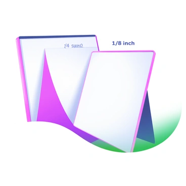 A close-up view of two illustration boards positioned side by side. On the left, the board labeled "1/4 inch" displays a smooth, sturdy surface with a slight sheen. On the right, the board labeled "1/8 inch" shows a thinner profile with a matte finish. The edges of both boards are sharply defined, highlighting the difference in thickness. There is a subtle shadow cast beneath each board, emphasizing their dimensionality and creating a visual contrast between the two.