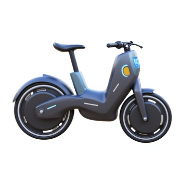 A sleek, futuristic electric bike with a streamlined frame and aerodynamic design. The bike features an integrated digital display showing battery status and speed. Its handlebars are equipped with touch controls for various functions. The wheels are large and have a unique tread pattern, designed for both urban and off-road use. The bike's body is a combination of metallic colors, with accents that glow softly. The seat is ergonomically designed for comfort and has a stylish finish.