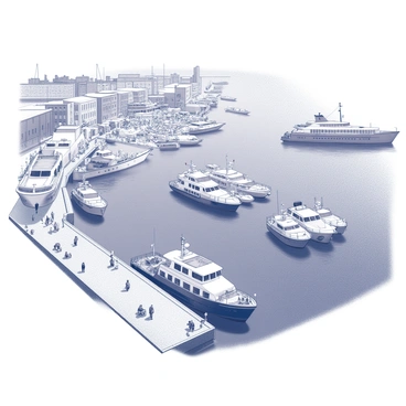 An aerial view of a busy harbor filled with various vessels. The scene includes several ferries and yachts moored along the docks, showcasing diverse sizes and shapes. There are numerous people scattered along the waterfront, some walking along the promenade and others sitting at outdoor cafes. The harbor is bustling with activity, with additional boats navigating the water. Buildings line the harbor's edge, contributing to the urban atmosphere of Helsinki.