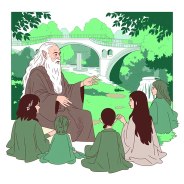 An elderly elf with long silver hair is sitting comfortably in a lush green garden of Rivendell, surrounded by younger elves who are attentively listening. The elder elf is wearing a flowing, ornate robe with intricate patterns. His hands are animatedly gesturing as he shares tales of wisdom. The younger elves, a mix of male and female, are seated in a semi-circle around him, their expressions filled with curiosity and admiration. Soft light filters through the leaves overhead, creating a warm and inviting atmosphere. In the background, the elegant architecture of Rivendell can be seen, with arching stone bridges and cascading waterfalls.