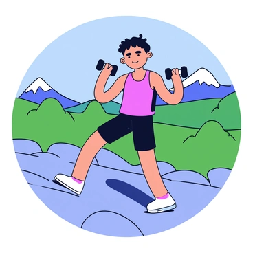 A person wearing a bright red tank top and black shorts is doing dumbbell curls on a rocky mountain trail. The individual has a focused expression while holding a dumbbell in each hand, with their arms flexed at the elbows. The background features a panoramic view of green hills and distant peaks under a clear blue sky. Sunlight casts soft shadows on the trail, highlighting the texture of the stones and the vibrant colors of the surrounding nature.