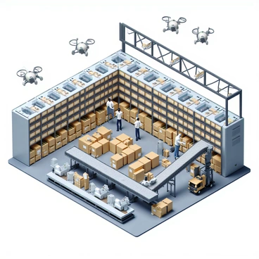 A large factory interior with high ceilings and rows of shelves filled with various products. Several drones are flying throughout the space, each equipped with small cameras and cargo compartments. The drones are maneuvering gracefully, with some hovering near the shelves while scanning barcodes. Others are dropping off items at designated locations on a conveyor belt. Industrial machines and workers are visible in the background, with some workers observing the drones as they assist with inventory checks and deliveries. The lighting is bright and functional, enhancing the high-tech atmosphere of the factory.