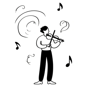 A violinist standing with a violin held under the chin, dressed in formal concert attire. The air around the violinist is filled with swirling auras, illustrated as flowing lines and shapes that capture the music's emotion. The background features musical notes floating around, harmonizing with the movement of the auras. The scene conveys a sense of dynamic energy and rhythm surrounding the musician.