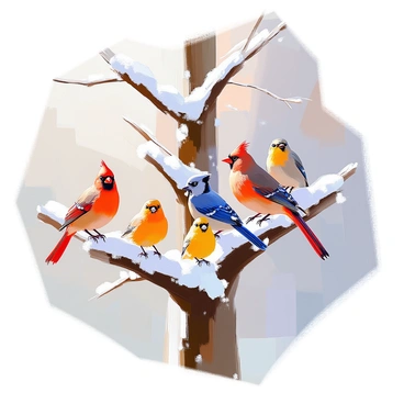 A variety of birds perched on the branches of a snow-covered tree, their colorful plumage creating a striking contrast against the white landscape. The tree is tall and majestic, its branches heavy with fresh, powdery snow. Among the birds are a bright red cardinal, a cheerful blue jay with vivid blue feathers, and a small, yellow canary. The scene captures the different sizes and shapes of the birds, with some sitting closely together while others are spaced apart. The soft light of a winter afternoon casts gentle shadows on the snow, highlighting the beauty of the scene.