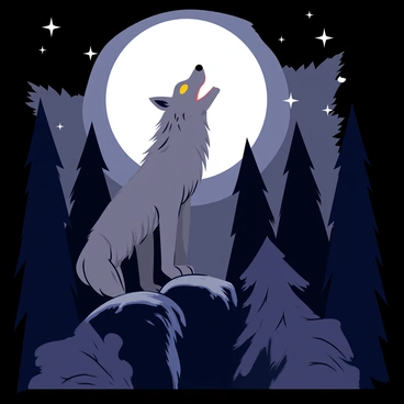 A werewolf standing on a rocky outcrop is howling at a bright full moon. The werewolf has long, shaggy grey fur and glowing yellow eyes, with its mouth open in a fierce howl. Surrounding the werewolf is a dark forest filled with tall, shadowy trees. The moonlight filters through the branches, illuminating patches of the forest floor with a silver glow. Stars twinkle in the night sky, adding a mystical atmosphere to the scene.