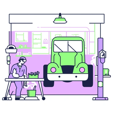 A mechanic is working on the lights of a truck inside a garage workshop. The mechanic is wearing a blue jumpsuit and safety goggles, focused on the task at hand. Tools are spread out on a workbench to the side, including wrenches, pliers, and a toolbox. The truck is elevated on a hydraulic lift, revealing its undercarriage. The walls of the garage are lined with shelves containing spare parts and equipment. Soft lighting hangs from the ceiling, illuminating the scene, creating a warm atmosphere. A small window lets in natural light, casting shadows on the concrete floor.