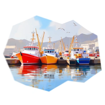 A busy harbor scene filled with a variety of solid colored boats and ships tightly docked along the waterfront. The boats include several bright red, blue, and yellow vessels, each with distinct shapes and sizes. Some of the boats are small fishing vessels, while others are larger cargo ships, all displaying their vibrant colors against the water. Cranes and equipment are positioned on the dock, and seagulls can be seen flying overhead. The background features a clear sky with a hint of distant hills, completing the bustling maritime atmosphere.