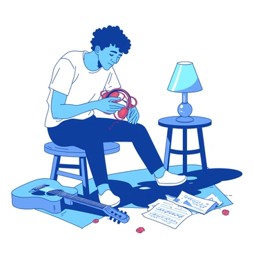 A musician frustrated by a pair of tangled headphones while trying to play a song.