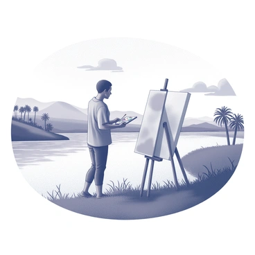 An artist is standing by the riverside, holding a paintbrush in one hand and a palette in the other. The artist is focused on a large canvas set up on an easel, capturing the scene before them. In the background, the Nile River flows gently, bordered by lush vegetation and palm trees. On the opposite bank, distant hills rise gently against the horizon. The sky above is expansive, dotted with scattered clouds. The artist’s concentration is evident as they carefully apply paint to the canvas, trying to replicate the beauty of the landscape surrounding them.