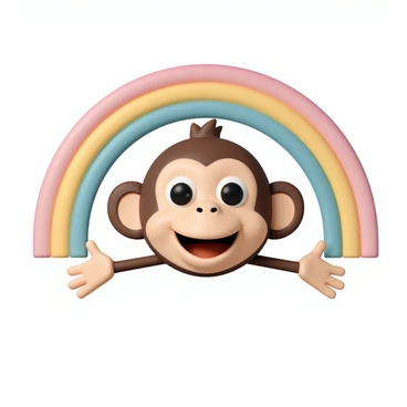A vibrant monkey face, featuring large expressive eyes and a wide, joyful smile, is positioned prominently under a colorful rainbow. The monkey's fur is a mix of shades of brown and cream, accentuating its cheerful demeanor. It has its arms extended outwards, as if inviting others to join in its happiness. The rainbow above is vivid and arched, displaying a spectrum of bright colors that radiate positivity. The background is softly blurred, emphasizing the joyful expression of the monkey and the brilliant rainbow above.