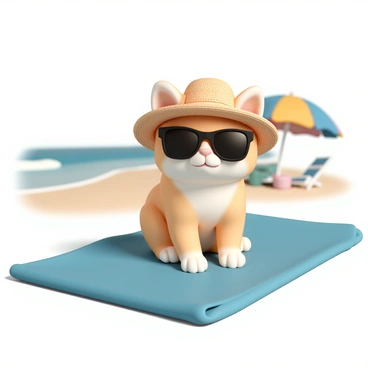 A small tom kitten with soft, fluffy fur, primarily a light orange color, is sitting on a bright blue beach towel. The kitten is wearing stylish black sunglasses that cover its eyes and a tiny, straw sun hat that rests snugly on its head. The towel is spread out on a sandy beach, and in the background, there are hints of vibrant beach umbrellas and a gentle ocean wave lapping at the shore. The sun casts a warm glow, highlighting the kitten's playful expression as it looks curiously toward the camera.