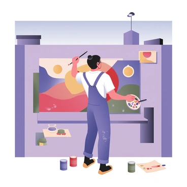 An artist is standing in front of a large city wall, actively painting a vibrant mural. The artist has dark hair pulled back in a bun and is wearing a white t-shirt and blue overalls with paint splatters. They are holding a wide paintbrush in their right hand and a palette in their left hand, filled with various colors. The mural features bright colors, including deep blues, vivid reds, and sunny yellows, depicting abstract shapes and whimsical patterns. Scattered around the artist are paint cans of different colors and a drop cloth with splashes of paint. The urban environment includes nearby buildings and a clear blue sky above, adding depth and context to the scene.