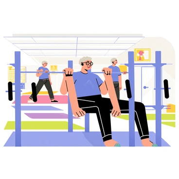 An elderly person with gray hair and glasses is performing assisted pull-ups at a community fitness center. The individual is wearing a bright blue t-shirt and black athletic pants. The pull-up machine is located in a well-lit area, surrounded by colorful exercise mats and gym equipment. Other gym-goers can be seen in the background, engaged in various workouts. The walls of the fitness center are decorated with motivational posters.