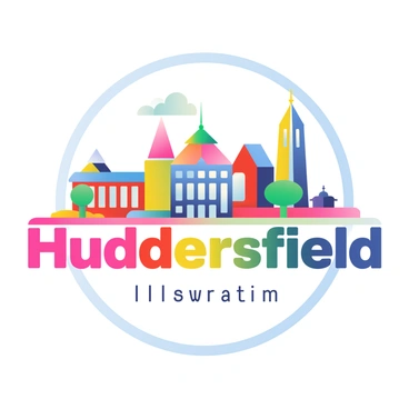 A vibrant logo design features stylized elements representing "Huddersfield's skyline". The skyline includes notable buildings such as the iconic railway station and the tower of St. Peter's Church, all rendered in bold, contrasting colors. The words "Illustration Agency" are prominently displayed beneath the skyline in a modern, sans-serif font, with each letter featuring a different color from the skyline. The logo has a circular shape, emphasizing the urban landscape with a dynamic and creative flair that reflects the essence of the agency.