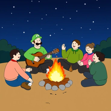 Luigi, a cartoonish character with a green hat and mustache, is sitting cross-legged beside a glowing campfire. He is holding a brown acoustic guitar and strumming it joyfully. Surrounding him are several friends, each with distinct and colorful clothing, enjoying the music. The campfire crackles with bright flames, and small sparks rise into the air. Above them, a deep blue starlit sky is visible, filled with twinkling stars. The scene captures a sense of camaraderie and fun, with the warm light from the fire illuminating the characters' smiling faces.
