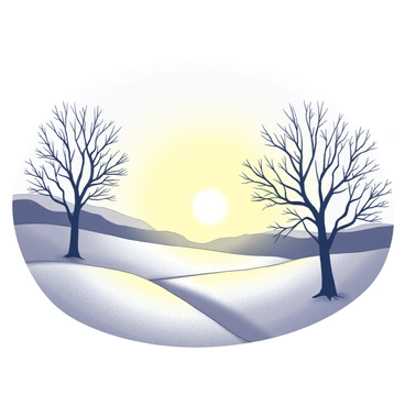 A December sunset illuminating a snowy landscape. The sun is low on the horizon, casting long shadows across the glistening snow. The sky displays a gradient of hues transitioning from bright yellow near the sun to softer tones of white and gray as it reaches the zenith. Barren trees with intricate branches are silhouetted against the sky, adding texture to the scene. The ground is covered in a thick layer of untouched snow, reflecting the light and creating a serene atmosphere.