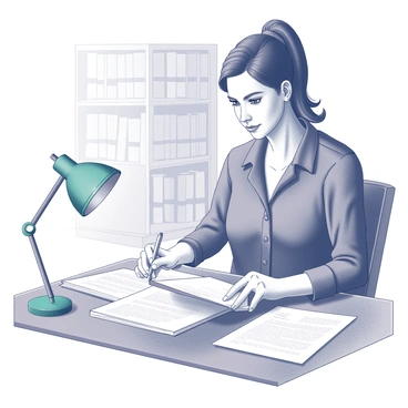 A woman seated at a wooden desk, displaying a focused expression as she examines a stack of legal papers. The desk is cluttered with documents, books, and a small green lamp providing illumination. The woman has dark hair pulled back neatly, dressed in a professional attire that reflects her importance in the legal field. The room has a serious atmosphere, with shelves of law books visible in the background, symbolizing her role in law reforms. A pen rests in her hand, poised above a document, ready to make notes or sign.