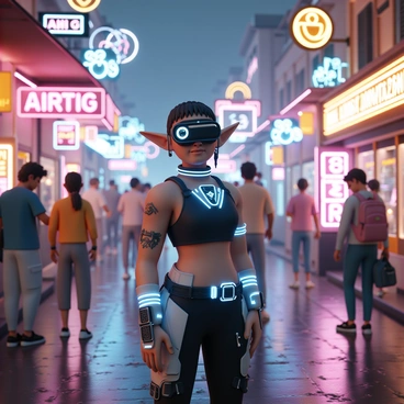 A cyberpunk elf, with sharp ears and glowing tattoos, stands in a neon-lit street. The elf is wearing a sleek, high-tech outfit adorned with holographic elements and metallic accents. Surrounding them, various magical shops display vibrant neon signs, showcasing enchanted artifacts and futuristic gadgets. The street is bustling with diverse characters, some wearing augmented reality visors, while others interact with floating digital displays. The air is filled with colorful lights reflecting off rain-soaked pavement, creating a captivating, otherworldly atmosphere.
