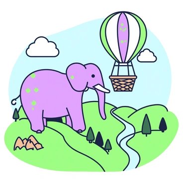 A large elephant named Babar is seated in a colorful hot air balloon. He is gazing down at a picturesque landscape below, which features rolling hills, winding rivers, and patches of trees. The hot air balloon is adorned with various patterns, and the basket is woven from intricate materials. In the background, fluffy clouds drift across the blue sky. Babar's trunk is extended as he surveys the scenery, and his ears are gently flapping in the breeze. The landscape is vibrant with natural elements, creating a sense of adventure and exploration.