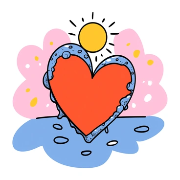A close-up of a detailed icy heart with a crystalline texture, showing droplets of water forming as it melts. The heart is positioned in the center of the image, with a bright, warm sun shining down, casting light that highlights the melting edges. The background is filled with soft, blurred colors representing a bright sunny day, enhancing the contrast between the cold heart and the warmth of the sunlight.