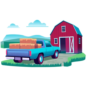 A sturdy pickup truck with a metallic blue finish, loaded with square hay bales stacked high in the truck bed. The truck is parked next to a rustic wooden barn with red paint that is slightly weathered, showing signs of age. The barn has a large double door and small, square windows, and it stands on a dirt path surrounded by lush green grass. In the background, there are rolling fields and a clear blue sky with a few fluffy white clouds, enhancing the rural farm setting.
