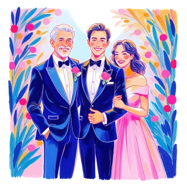 A groom dressed in a sharp black tuxedo stands in the center, smiling widely for the photograph. He has short, neatly styled hair and is holding onto his parents. On one side, his father, wearing a dark suit and a tie, beams with pride, his hand affectionately resting on his son's shoulder. On the other side, his mother, in an elegant dress, is leaning in close, her expression full of joy. They are all outdoors, surrounded by lush greenery and colorful flowers in the background, capturing a moment of familial love and celebration.