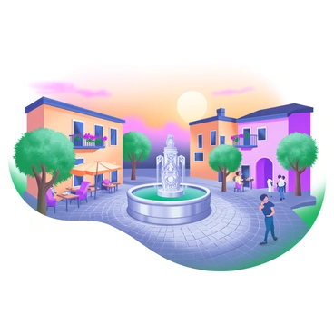 A charming main piazza in an Italian village is bathed in the warm glow of a "peaceful sunset." The sky is painted in shades of orange, pink, and purple as the sun descends. Cobblestone streets lead to a central fountain adorned with intricate carvings. Surrounding the piazza are quaint, colorful buildings with balconies filled with flowers, and a few tables with umbrellas where people are enjoying their evening. Olive trees are scattered throughout the square, casting soft shadows on the ground. A small group of villagers can be seen conversing and enjoying the ambiance of the tranquil evening.