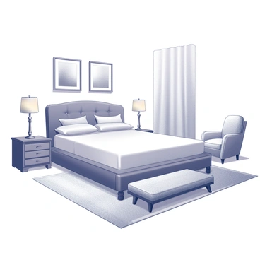 A spacious bedroom showcasing a large, elegantly designed bed with a tufted headboard. The bed is surrounded by two matching bedside tables, each holding decorative lamps that emit a warm, inviting glow. A plush rug lies by the bedside, its texture appearing soft and inviting. The walls are adorned with framed artwork, and a cozy armchair sits in one corner, creating a relaxing atmosphere. Gentle shadows enhance the overall ambiance, emphasizing the comfort and luxury of the space.