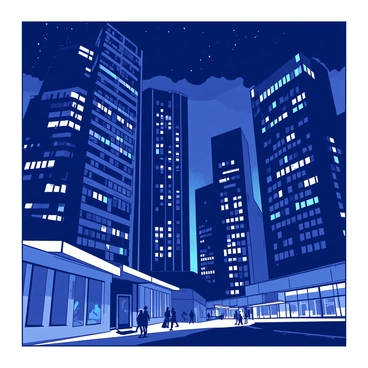 A duotone illustration of a cityscape at night. The skyline is filled with tall buildings and intricate architecture, bathed in a vibrant glow. Numerous windows on the skyscrapers emit a soft light, creating a pattern of illumination against the darkening sky. The lights appear to blend into the night, creating a gradient effect between the buildings and the vast expanse above. The scene captures the essence of urban life, with silhouettes of people moving along the streets below, adding a sense of activity to the tranquil nighttime atmosphere.